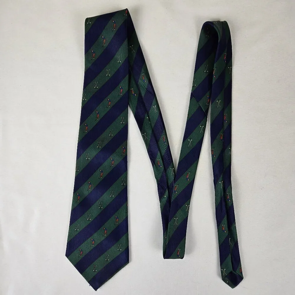 Mercedes 100% Silk Men's Tie Blue Green Diagonal Stripe Golfers Golf Club Print